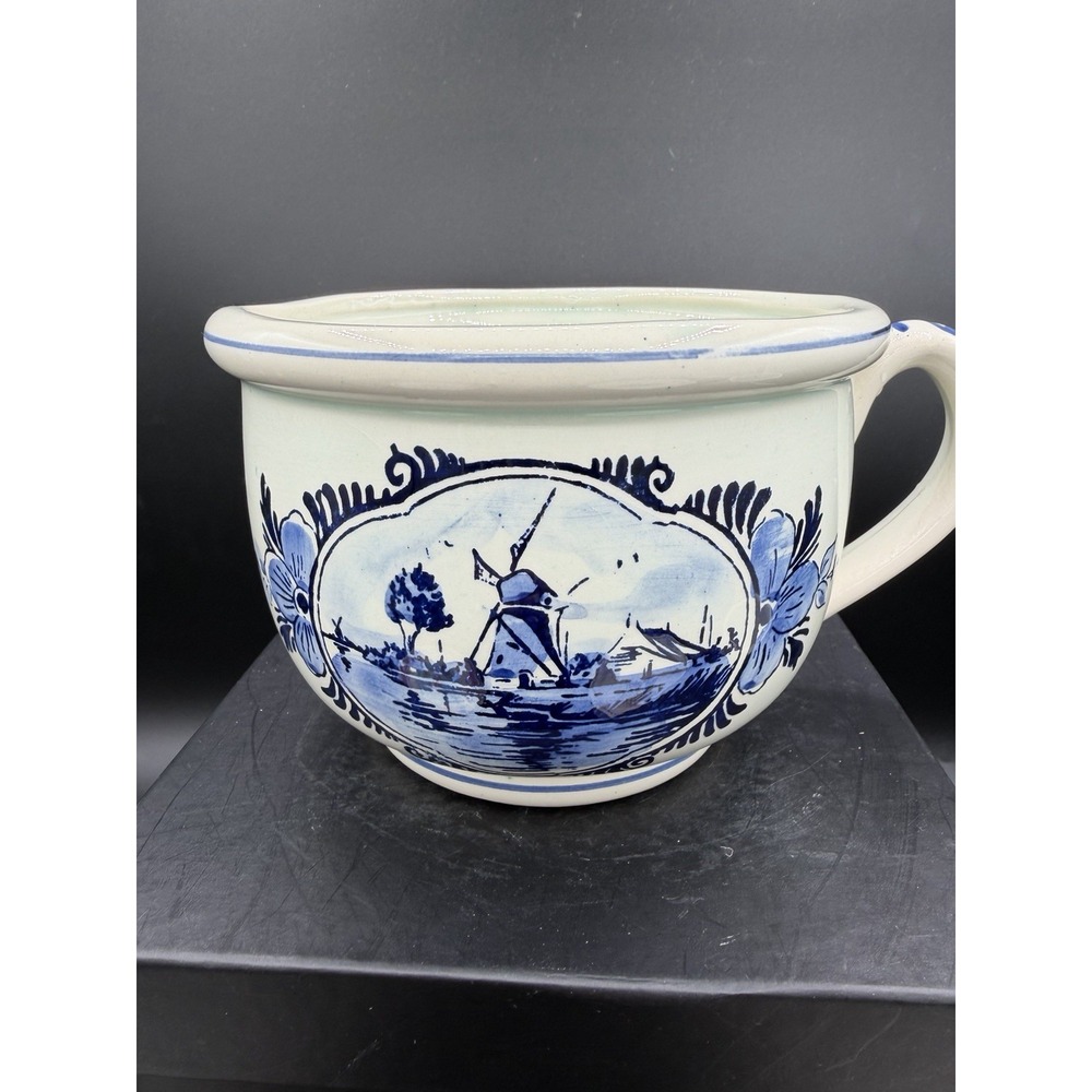 💙⚱️ Vintage Delft Blue White Chamber Pot / Planter Mug – Hand‑Painted Windmill